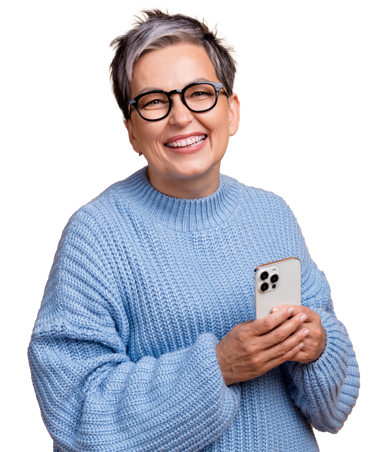 Woman With Glasses Smiling Holding Phone
