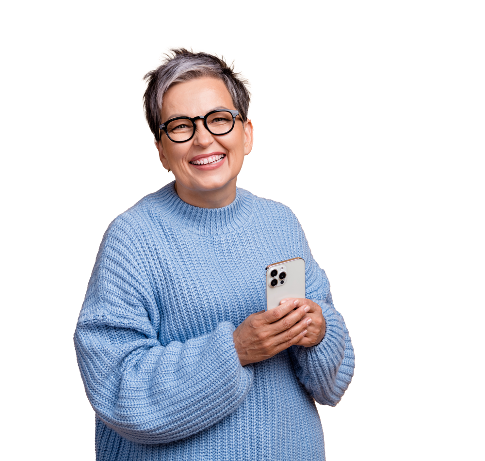 Woman With Glasses Smiling Holding Phone